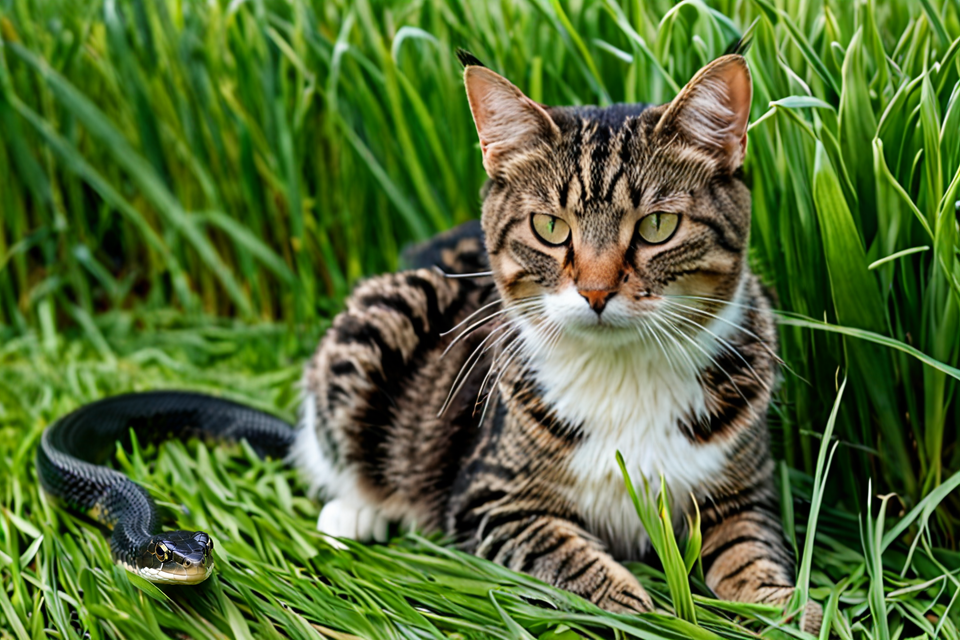 Кошка и змея в траве фото